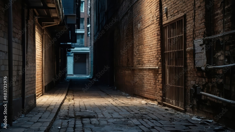 Deserted alleyway with old brick walls, still and mysterious atmosphere Deserted alleyway with old brick walls, still and mysterious atmosphere