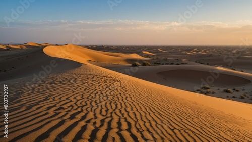 Desert landscape at dawn with sand dunes stretching into the horizon under a clear sky