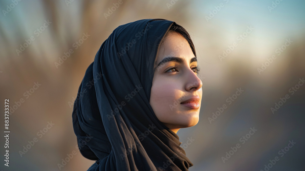 Side pose Hispanic Muslim female in hijab jead-scarf in a garden outdoor, Muslim liberty and active life style banner, poster, flyer, ad Side pose Hispanic Muslim female in hijab jead-scarf in a garden outdoor, Muslim liberty and active life style banner, poster, flyer, ad