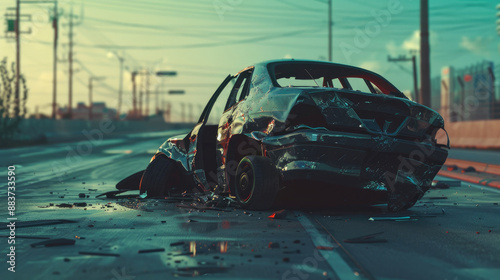 Road Blocked by Damaged Car After Traffic Accident