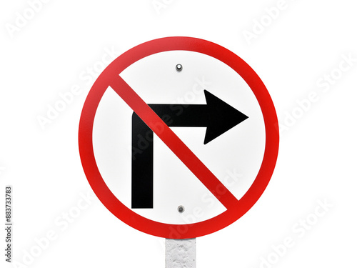 traffic sign, prohibiting turn right sign on pole isolated on transparent