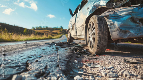 Road Blocked by Damaged Car After Traffic Accident