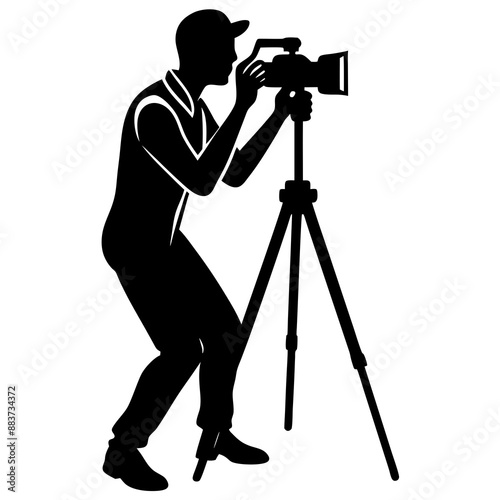 Silhouette of man taking photo using tripod, photographer, vector illustration whit white beckground
