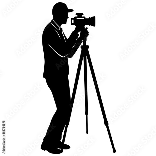Silhouette of man taking photo using tripod, photographer, vector illustration whit white beckground
