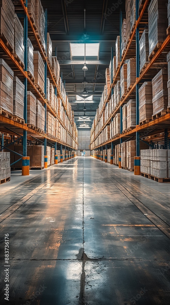 Warehouse interior with rows of pallet racks and boxes, depicting organized storage and efficient inventory management. Warehouse interior with rows of pallet racks and boxes, depicting organized storage and efficient inventory management.