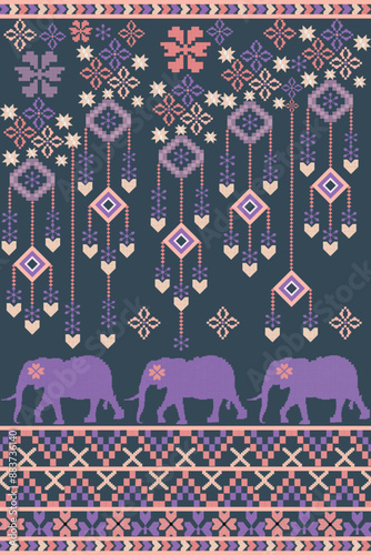 Elephant Cross Stitch. Geometric ethnic patterns. Design for sarees, patolas, dupattas, and clothing.  Detailed vector illustration for textile print design.