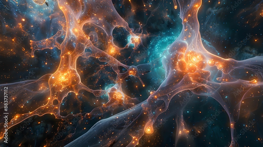 Nerve fibers depicted as glowing threads weaving through a cosmic tapestry, creating intricate patterns of light glowing. Nerve fibers depicted as glowing threads weaving through a cosmic tapestry, creating intricate patterns of light glowing.
