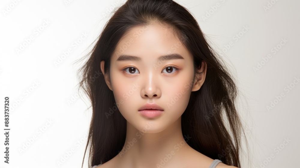 young Asian woman with clear, supple skin on white background.generative ai young Asian woman with clear, supple skin on white background.generative ai