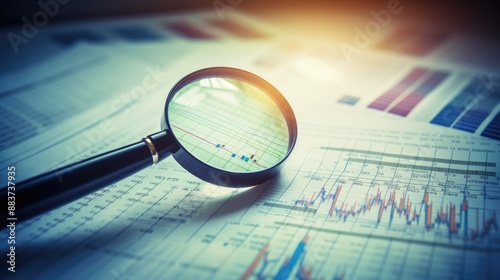 close up of magnifying glass search over graph chart of stock market showing finance and technology concept .generative ai 