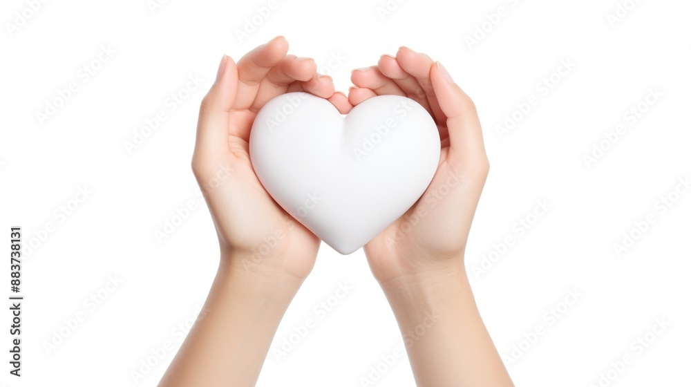 Female hands holding white heart shape isolated on white background .generative ai Female hands holding white heart shape isolated on white background .generative ai