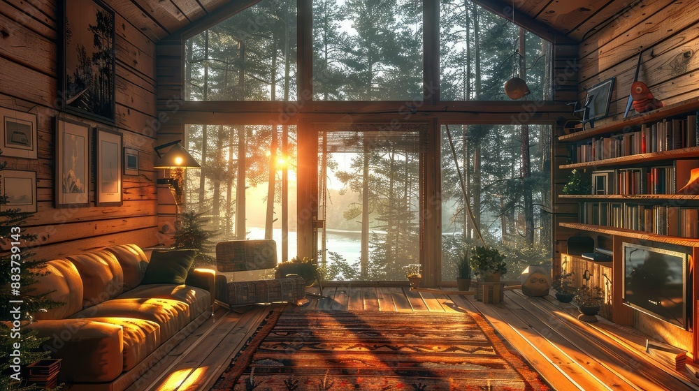Warm sunlight illuminating cozy cabin interior Warm sunlight illuminating cozy cabin interior