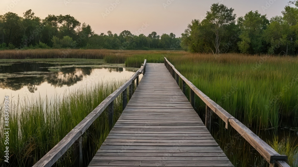 Quiet nature reserve with a wooden boardwalk through wetlands, ideal for relaxation and exploration Quiet nature reserve with a wooden boardwalk through wetlands, ideal for relaxation and exploration