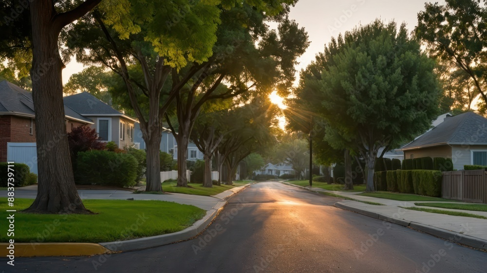 Quiet suburban street at dawn with soft light filtering through trees and illuminating the path Quiet suburban street at dawn with soft light filtering through trees and illuminating the path