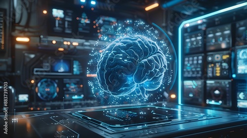 Midbrain reimagined as a futuristic control center with holographic displays and pulsating energy futuristic.