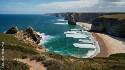 Rugged coastline with dramatic cliffs and wild ocean waves under stormy skies