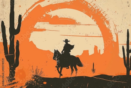 Silhouette of a lone cowboy riding a horse in the desert at sunset