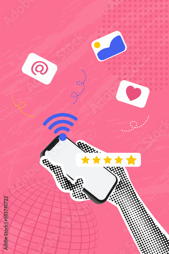 Trendy halftone collage. Concept of using wifi on phone,communication,mail,quality assessment. Concept of business, online communication, shopping, career.