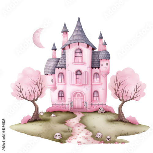 Pink haunted castle with eerie trees and moon in watercolor style for Halloween clipart with transparent background photo