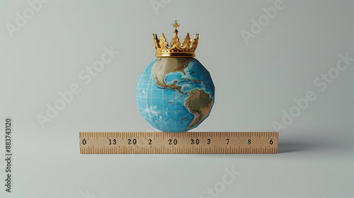 Ultimate Control and Global Sovereignty: 3D Flat Icon Ruler with Crown and Globe Concept