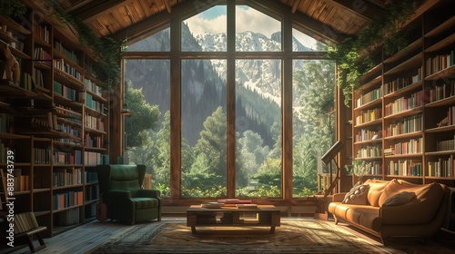 A cozy library in a wooden house with big windows, a forest and mountains outside the window