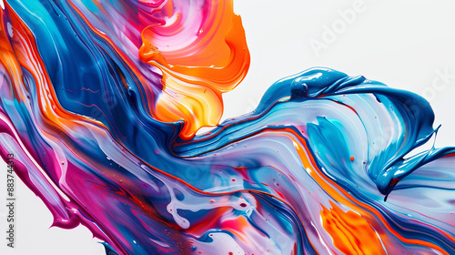 A high-definition image of liquid paint in different shades mixing seamlessly on a white canvas, capturing the fluidity and richness of colors