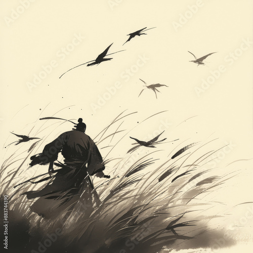 Estern traditional swordsman on the natural field.