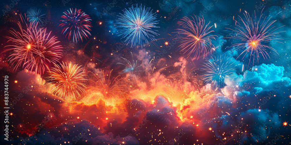 Naklejka premium 夜空に輝く花火の背景イラスト