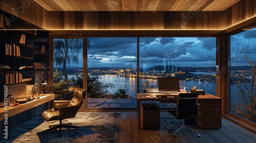interior design photography, home office in modern wooden house overlooking lake with city lights at night