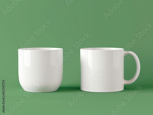 Two plain white ceramic mugs against a solid green background. photo