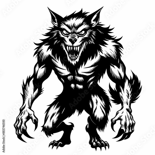 Ferocious Werewolf Illustration Detailed Black and White Beast Design for Horror, Fantasy, and Halloween Themes