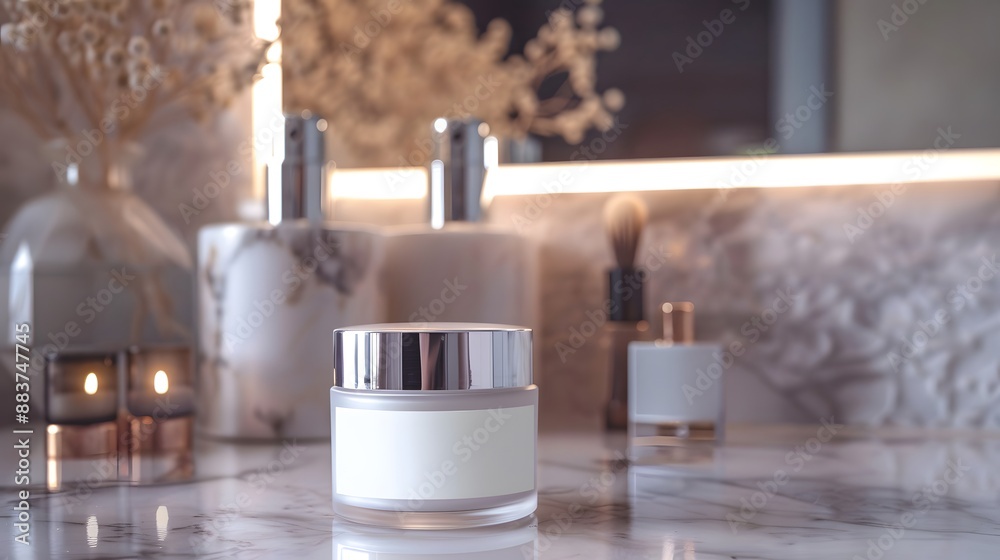 Blank Label Face Cream Jar: An elegant face cream jar with no label on a vanity table.
Blank Label Face Cream Jar: An elegant face cream jar with no label on a vanity table.