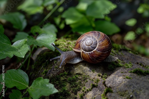 A snail on a mossy rock in a forest setting. The image highlights the snail's shell texture and the lush greenery around it, perfect for nature and ecology themes.