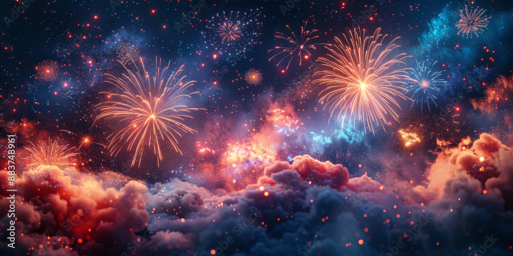Fototapeta premium 夜空に輝く花火の背景イラスト