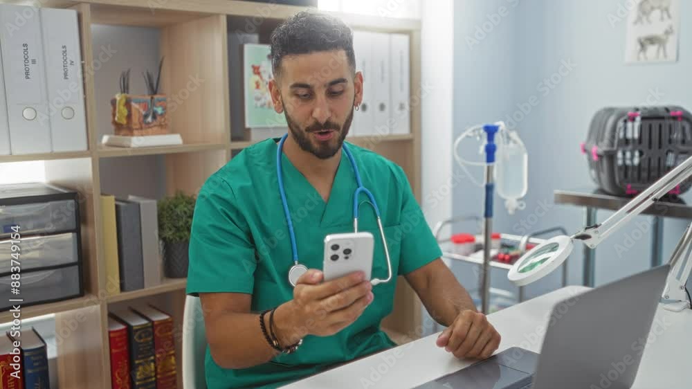 Hispanic male veterinarian smiling while looking at smartphone in a clinic office with medical equipment and bookshelves in the background. Hispanic male veterinarian smiling while looking at smartphone in a clinic office with medical equipment and bookshelves in the background.