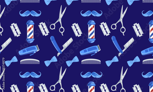 Barbershop seamless vector pattern with barber pole, scissors, blades and shaver on blue background