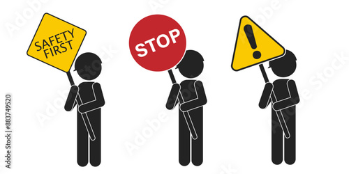 Bundle pictogram man hold Safety First, Stop and Exclamation sing board