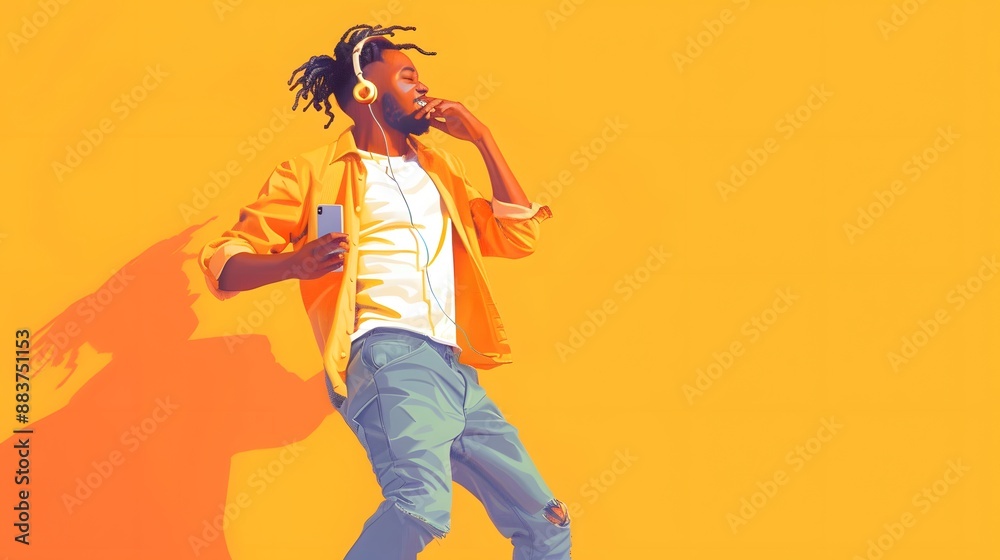 Obraz premium Cheerful man with mobile phone dancing while listening music through headphones against yellow background.