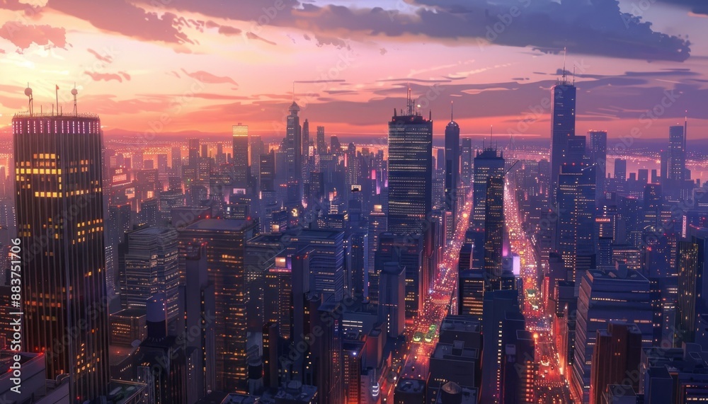 Obraz premium An anime-style dusk cityscape, glowing with lights and vibrant city life under a transitioning night sky 1. Generative AI
