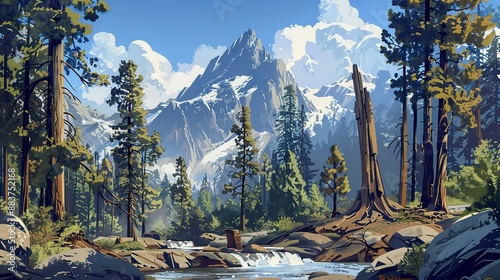 Majestic Mountain Landscape with Towering Pines and Cascading River photo