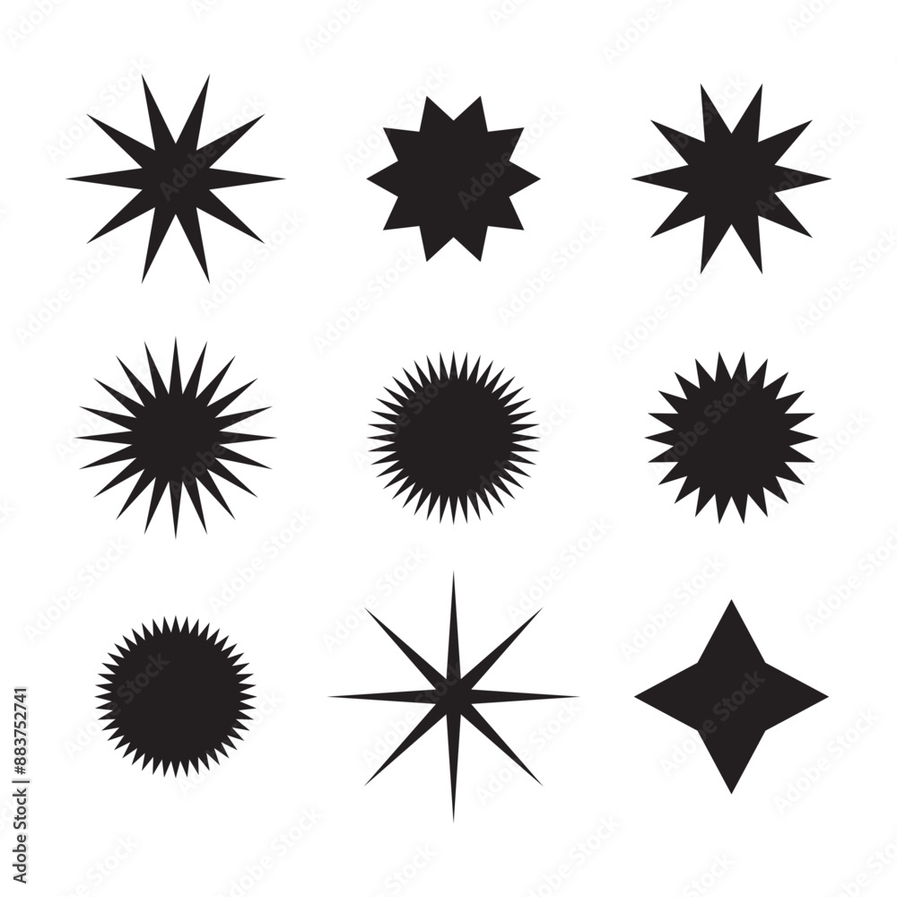 Set of black price sticker, sale or discount sticker, sunburst badges icon. Stars shape with different number of rays. Set of 9 starburst icon. vector illustration. Set of black price sticker, sale or discount sticker, sunburst badges icon. Stars shape with different number of rays. Set of 9 starburst icon. vector illustration.