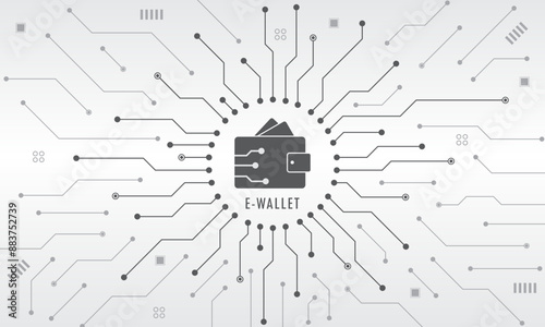 Digital wallet on circuit board. Abstract background. E-wallet technology concept. Mobile banking, online finance, e-commerce, money transaction concept. Online payment. Vector illustration.