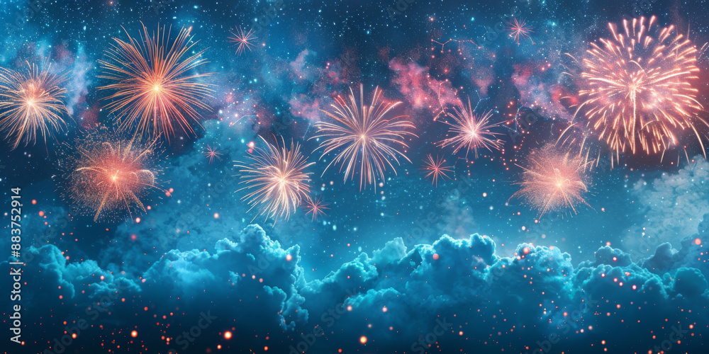 Fototapeta premium 夜空に輝く花火の背景イラスト