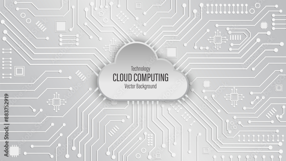 Obraz premium Cloud computing technology on circuit board. Black and white abstract background. Cloud connection technology background. Cloud service and storage concept. Vector illustration.