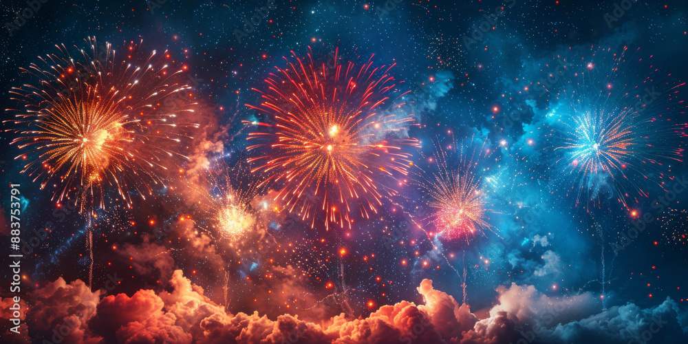 Fototapeta premium 夜空に輝く花火の背景イラスト