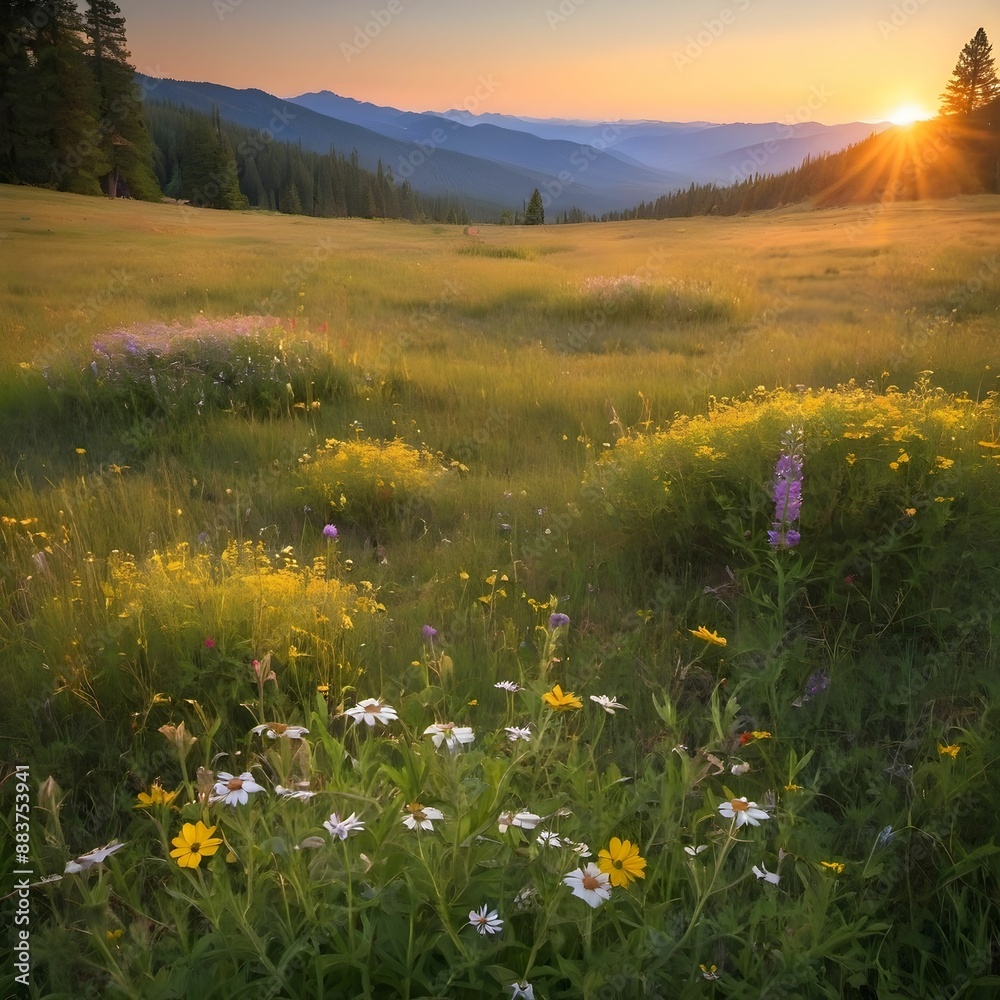 Obraz premium meadow in the mountains, mountain, flowers, hillside, sunset, escape