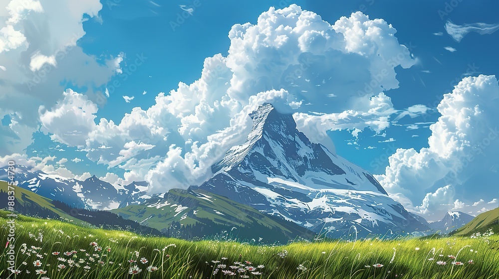 Fototapeta premium Majestic Mountain Landscape with Vivid Sky and Flourishing Green Field