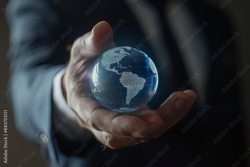 Businessman touching a virtual Earth globe Businessman touching a virtual Earth globe
