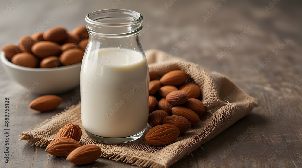 Fresh almond milk in glass bottle, vegan non dairy healthy drink.generative.ai Fresh almond milk in glass bottle, vegan non dairy healthy drink.generative.ai