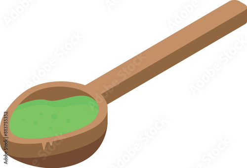 Wooden spoon is holding green matcha powder, ready to be whisked into a frothy beverage