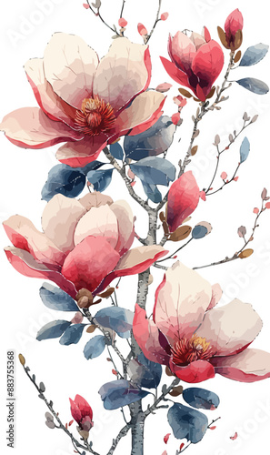 Hand-painted Magnolia Flowers with Blue and Pink Accents Vector Illustration on White Background"